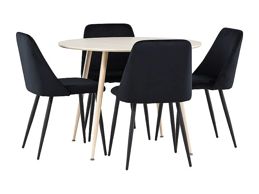 Plaza ensemble pour salle à manger table Ø100cm et 4 chaises velours whitewash.