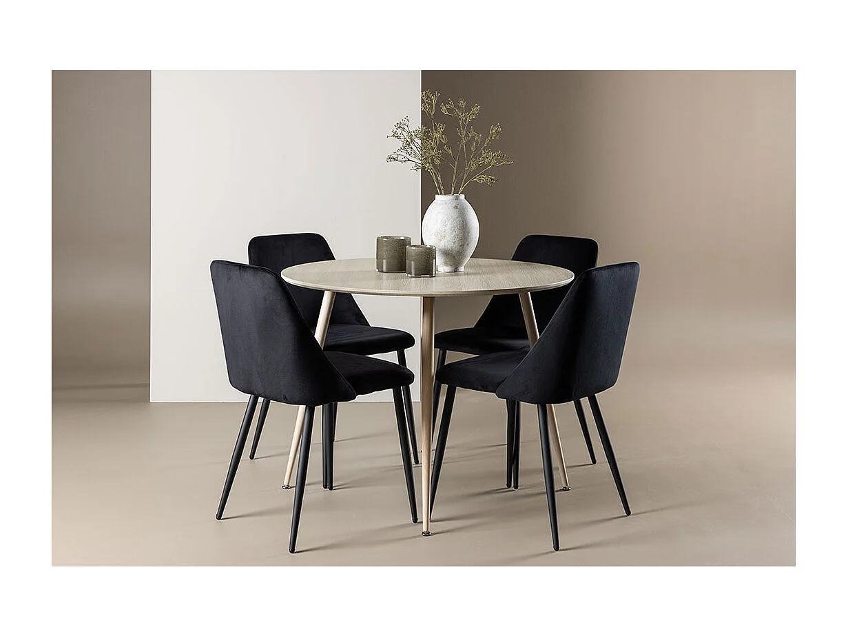 Plaza ensemble pour salle à manger table Ø100cm et 4 chaises velours whitewash.