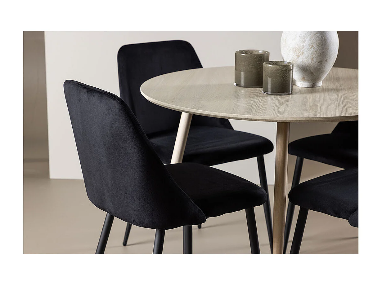 Plaza ensemble pour salle à manger table Ø100cm et 4 chaises velours whitewash.