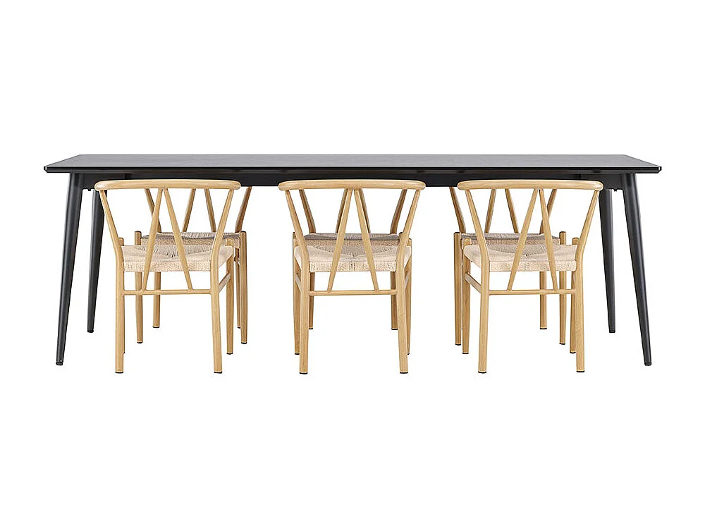 Ellis ensemble pour salle à manger table 85x230cm et 6 chaises en rotin avec accoudoirs empilables noir.