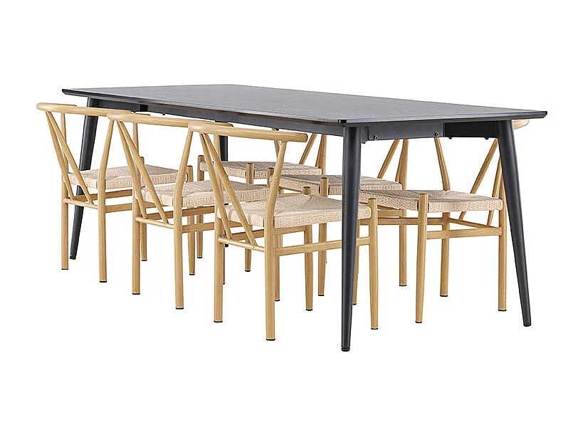 Ellis ensemble pour salle à manger table 85x230cm et 6 chaises en rotin avec accoudoirs empilables noir.