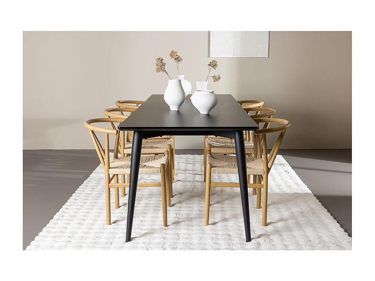 Ellis ensemble pour salle à manger table 85x230cm et 6 chaises en rotin avec accoudoirs empilables noir.