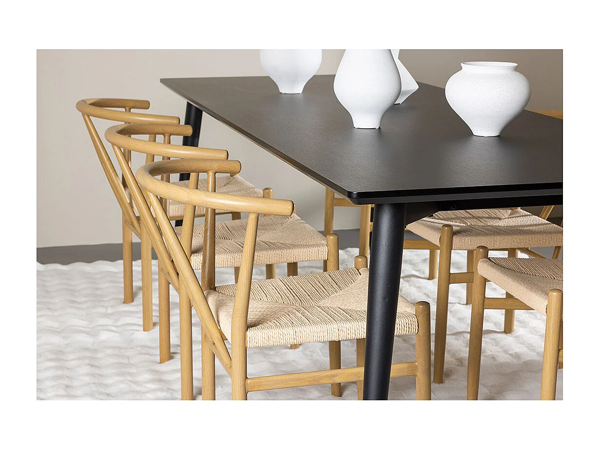 Ellis ensemble pour salle à manger table 85x230cm et 6 chaises en rotin avec accoudoirs empilables noir.