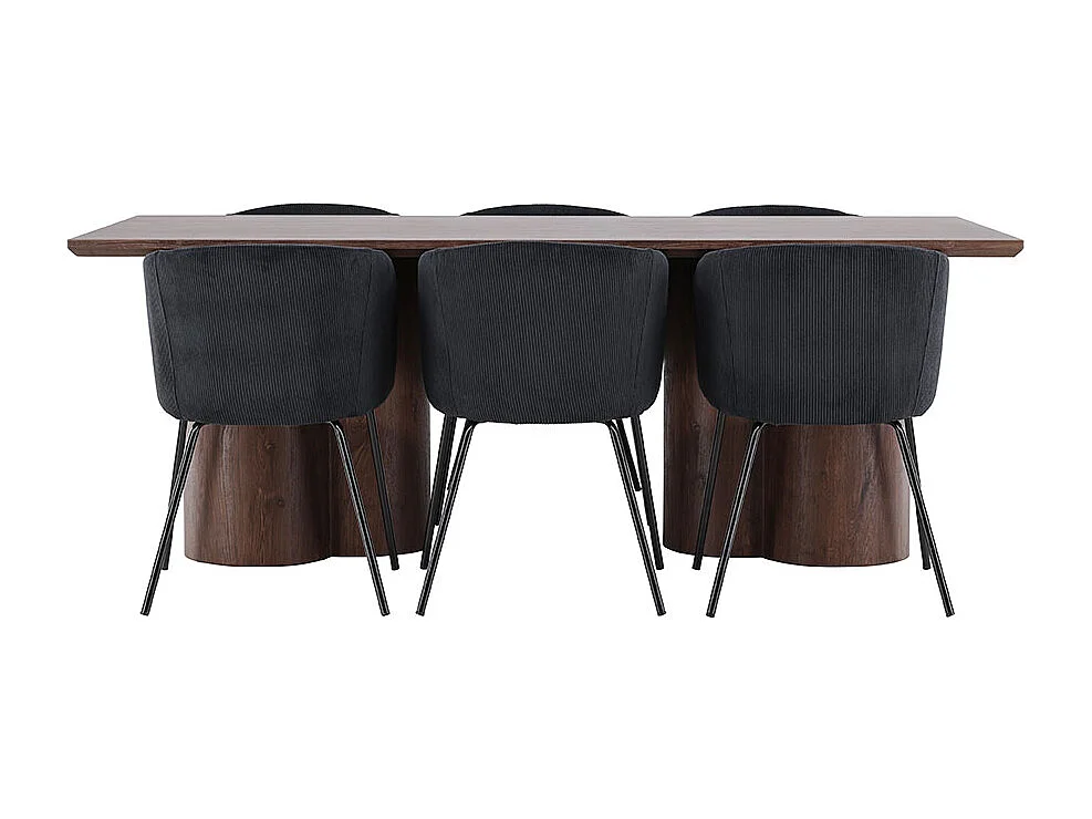 Olivia eethoek tafel 100x210cm en 6 fluwelen stoelen met armleuningen mocca.
