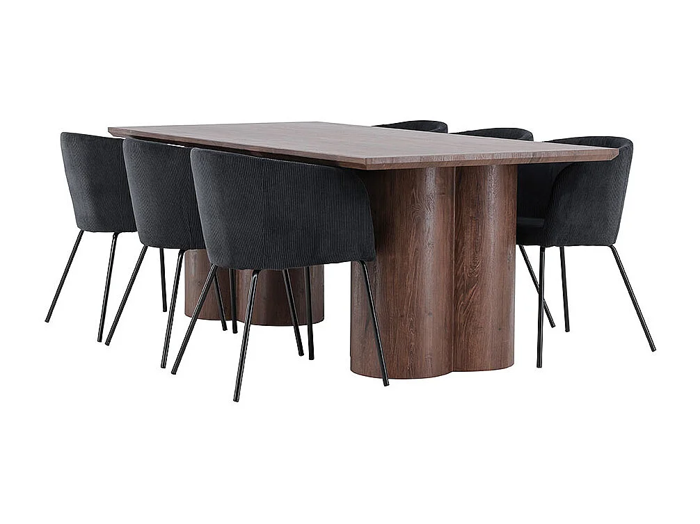 Olivia eethoek tafel 100x210cm en 6 fluwelen stoelen met armleuningen mocca.