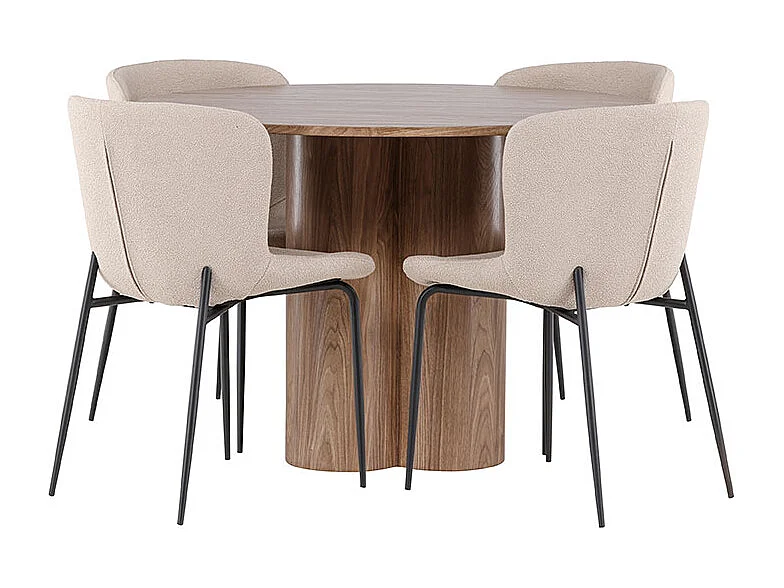 Olivia ensemble pour salle à manger table Ø110cm et 4 chaises bouclé brun.