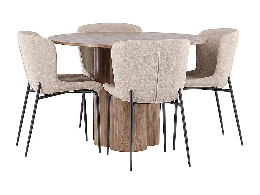 Olivia ensemble pour salle à manger table Ø110cm et 4 chaises bouclé brun.