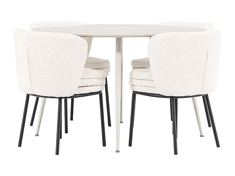 Plaza ensemble pour salle à manger table Ø120cm et 4 chaises bouclé beige.