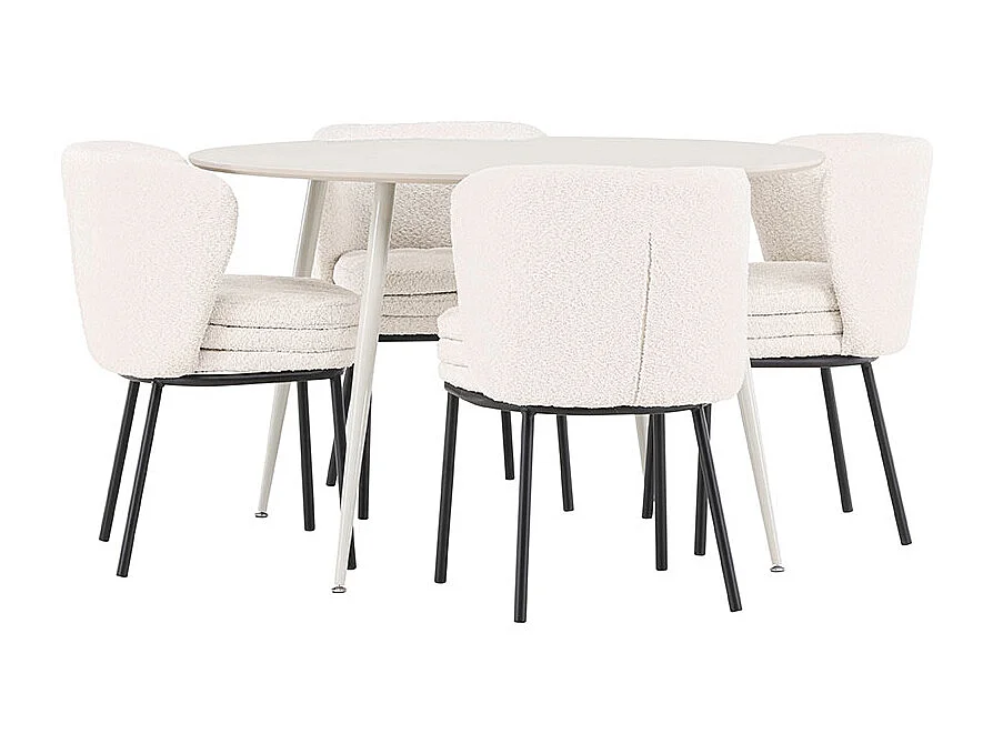Plaza ensemble pour salle à manger table Ø120cm et 4 chaises bouclé beige.
