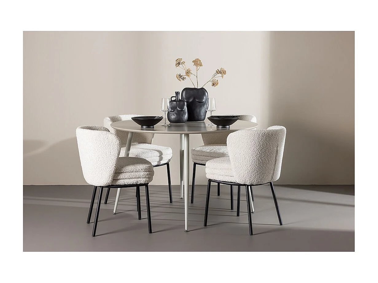Plaza ensemble pour salle à manger table Ø120cm et 4 chaises bouclé beige.