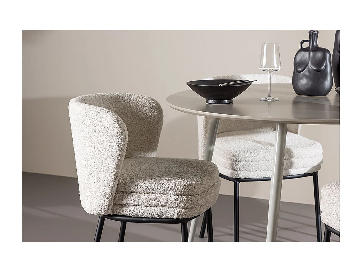 Plaza ensemble pour salle à manger table Ø120cm et 4 chaises bouclé beige.
