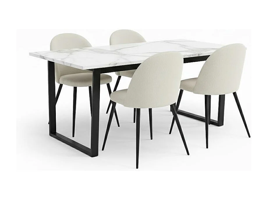 Tilst ensemble pour salle à manger table à manger imprimé marbre blanc et 4 chaises velours beige.
