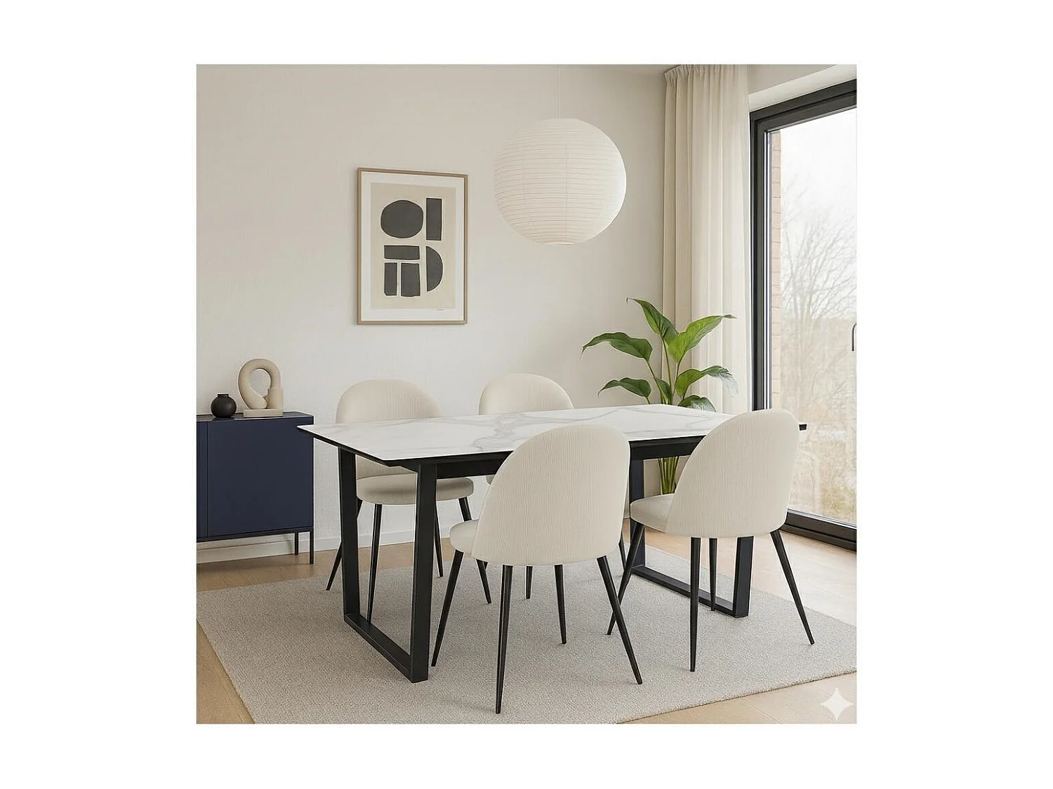 Tilst ensemble pour salle à manger table à manger imprimé marbre blanc et 4 chaises velours beige.
