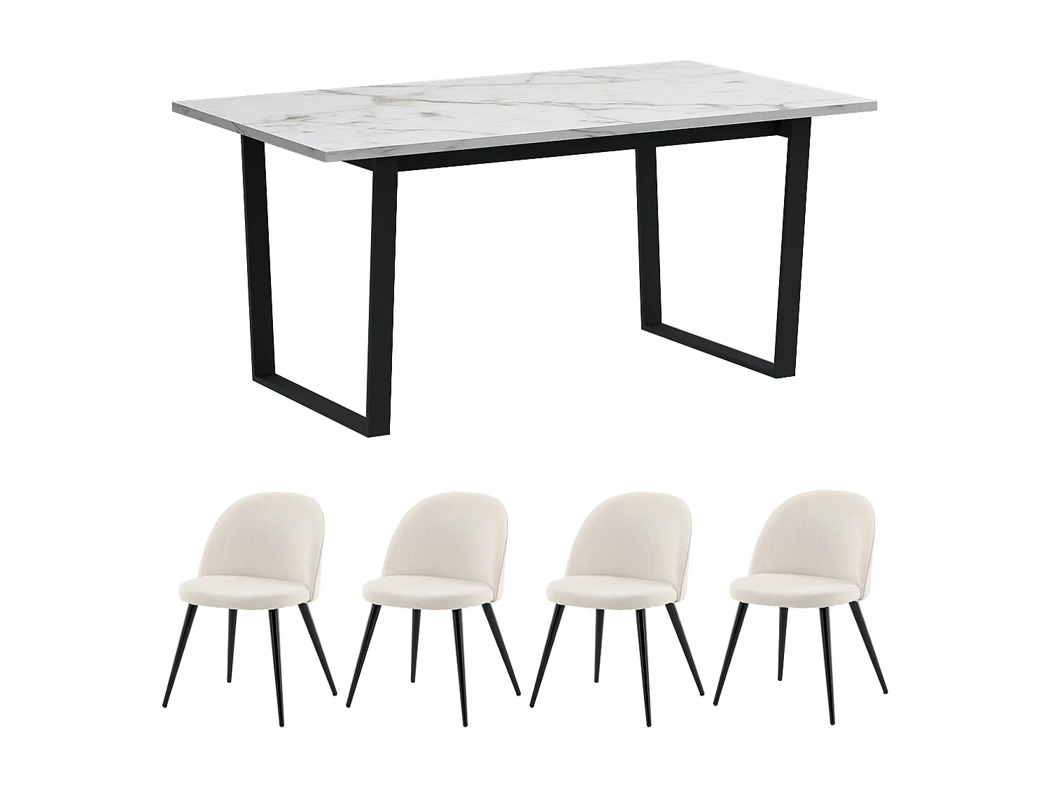 Tilst ensemble pour salle à manger table à manger imprimé marbre blanc et 4 chaises velours beige.