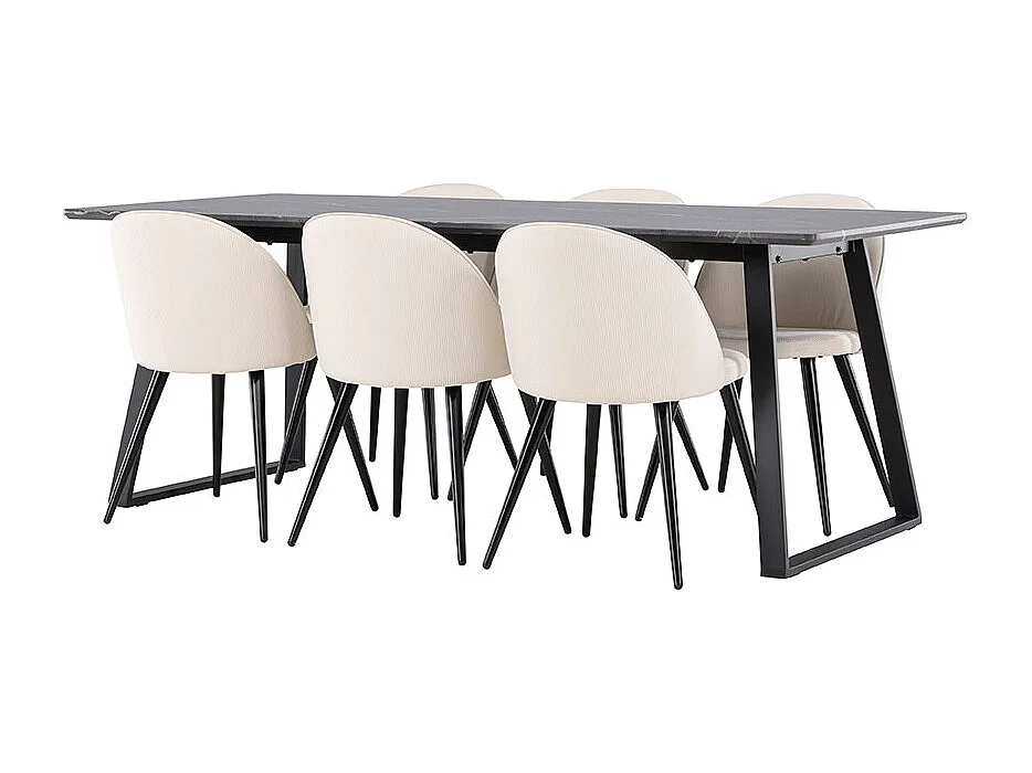 Malaga ensemble pour salle à manger table de salle à manger 90x200cm gris foncé et 6 Skagen chaise velours côtelé beige.