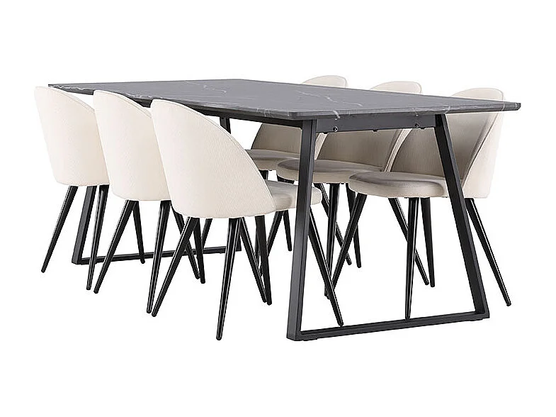 Malaga ensemble pour salle à manger table de salle à manger 90x200cm gris foncé et 6 Skagen chaise velours côtelé beige.