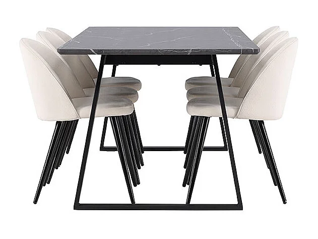 Malaga ensemble pour salle à manger table de salle à manger 90x200cm gris foncé et 6 Skagen chaise velours côtelé beige.