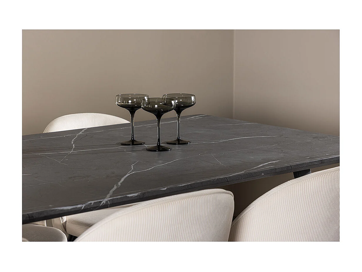 Malaga ensemble pour salle à manger table de salle à manger 90x200cm gris foncé et 6 Skagen chaise velours côtelé beige.