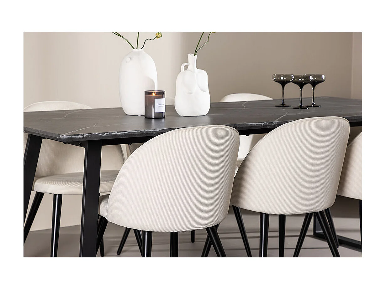 Malaga ensemble pour salle à manger table de salle à manger 90x200cm gris foncé et 6 Skagen chaise velours côtelé beige.