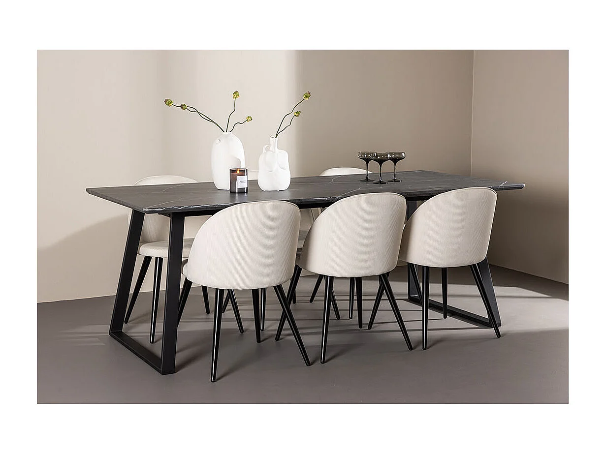 Malaga ensemble pour salle à manger table de salle à manger 90x200cm gris foncé et 6 Skagen chaise velours côtelé beige.