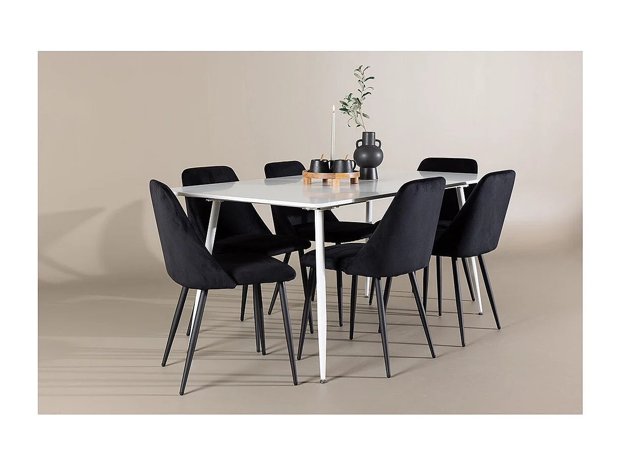 Silar ensemble pour salle à manger table 90x180cm et 6 chaises velours blanc.