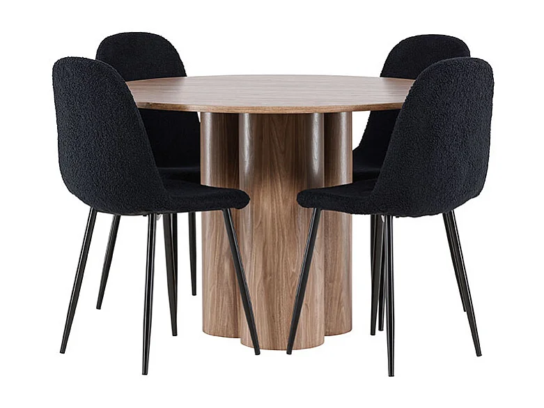 Olivia ensemble pour salle à manger table Ø110cm et 4 chaises teddy brun.