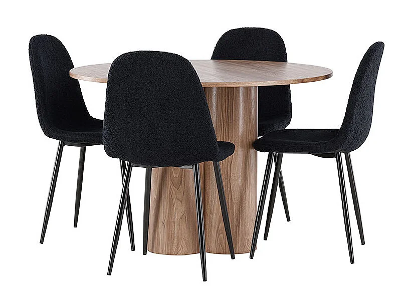 Olivia ensemble pour salle à manger table Ø110cm et 4 chaises teddy brun.