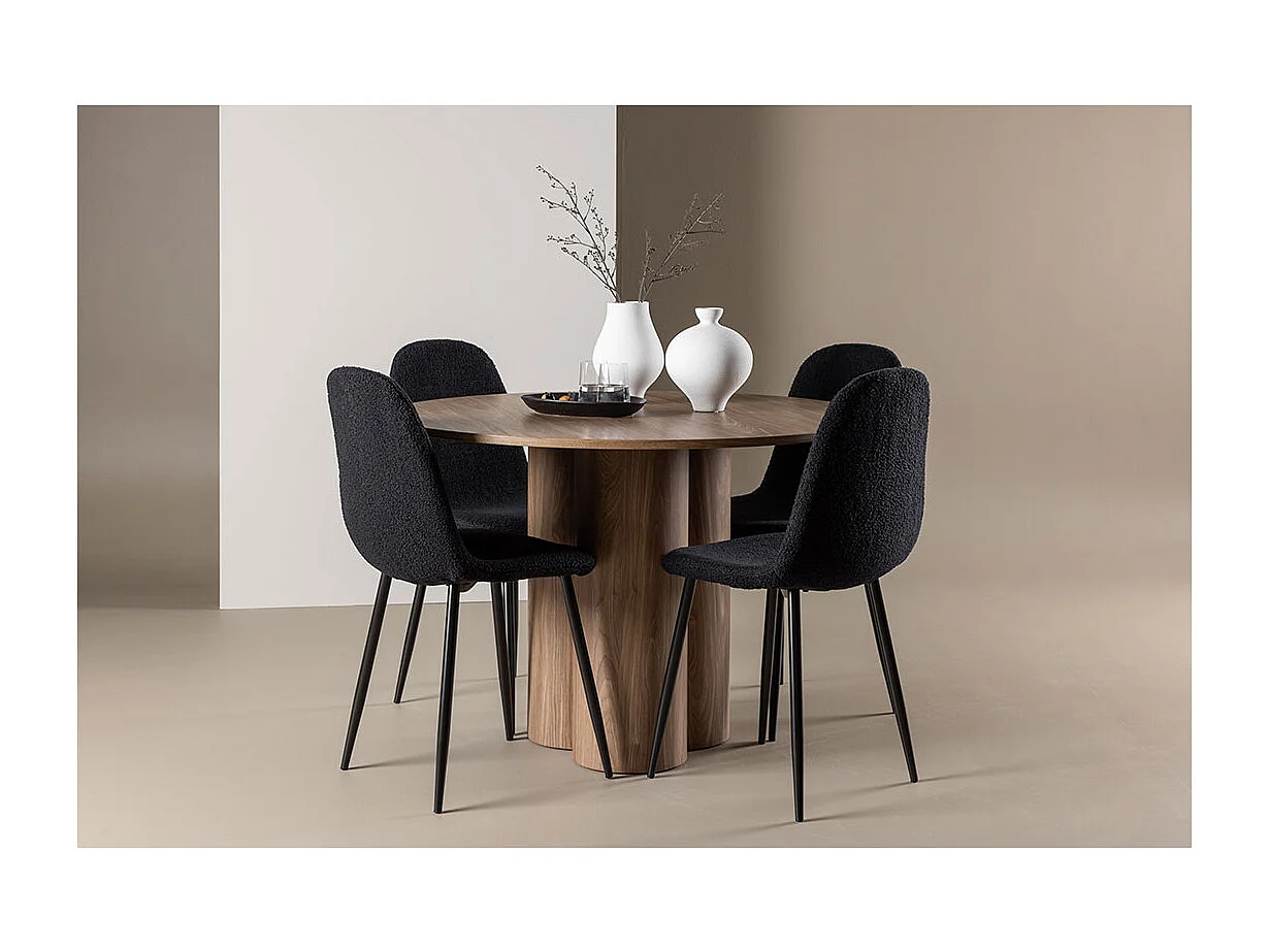 Olivia ensemble pour salle à manger table Ø110cm et 4 chaises teddy brun.