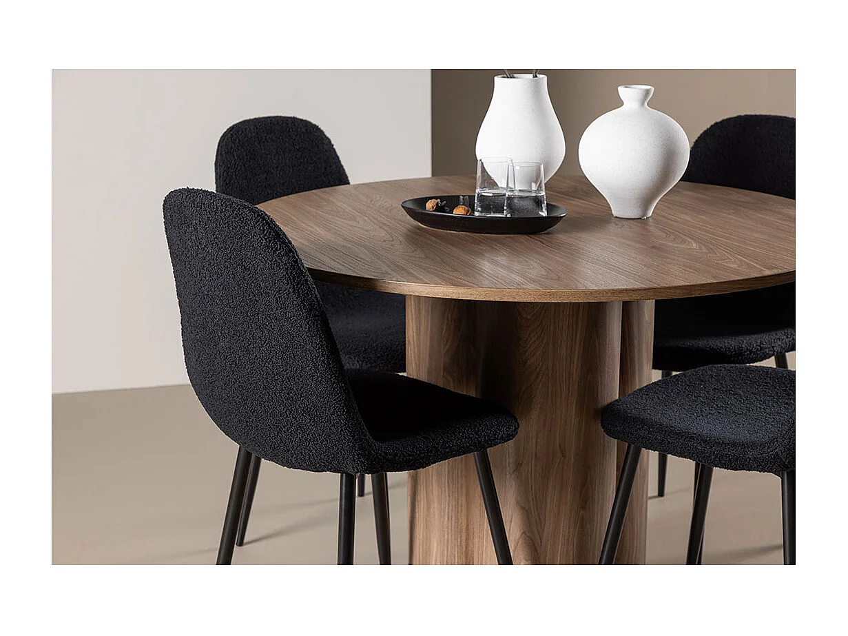 Olivia ensemble pour salle à manger table Ø110cm et 4 chaises teddy brun.