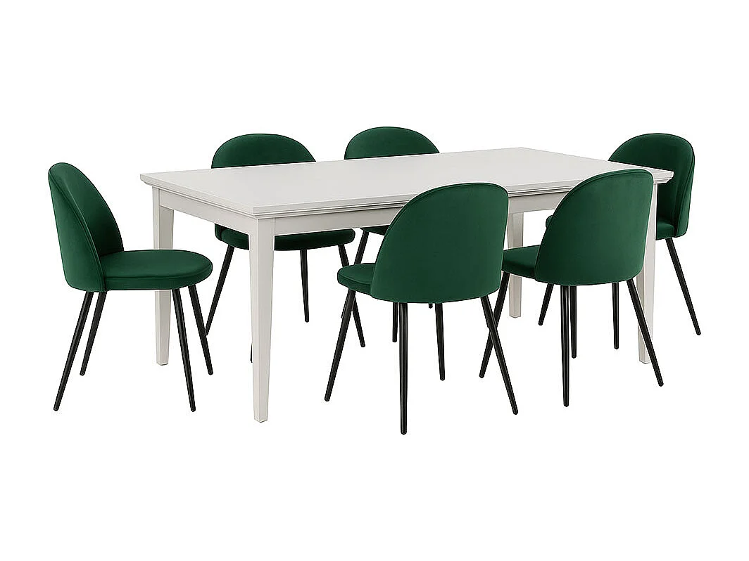 Venedig ensemble pour salle à manger table à manger blanc 95x180/276 avec 2 plateaux supplémentaires 6 chaises velours vert.