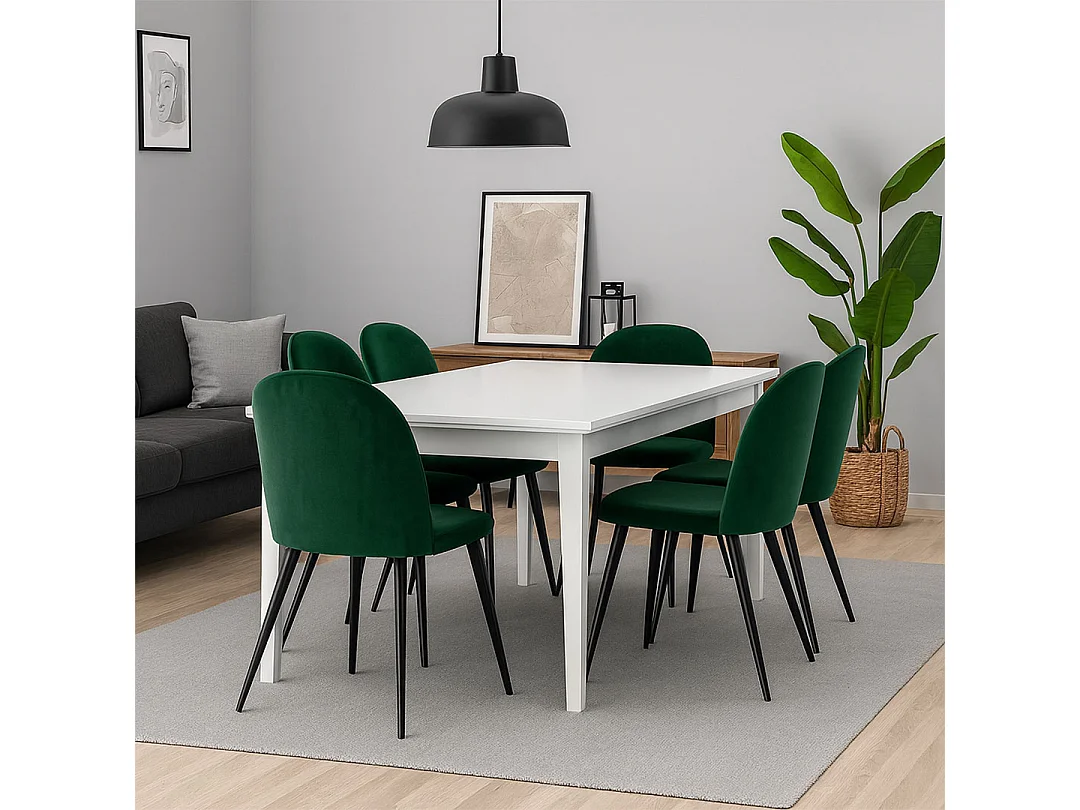 Venedig ensemble pour salle à manger table à manger blanc 95x180/276 avec 2 plateaux supplémentaires 6 chaises velours vert.