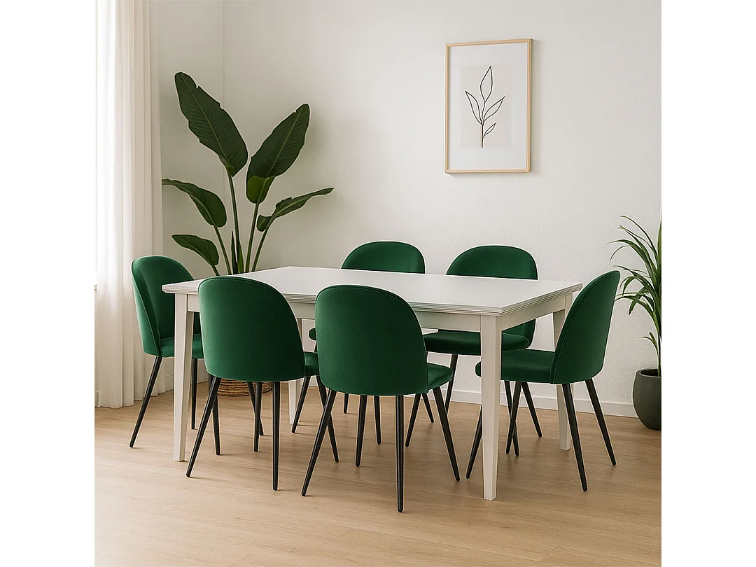 Venedig ensemble pour salle à manger table à manger blanc 95x180/276 avec 2 plateaux supplémentaires 6 chaises velours vert.