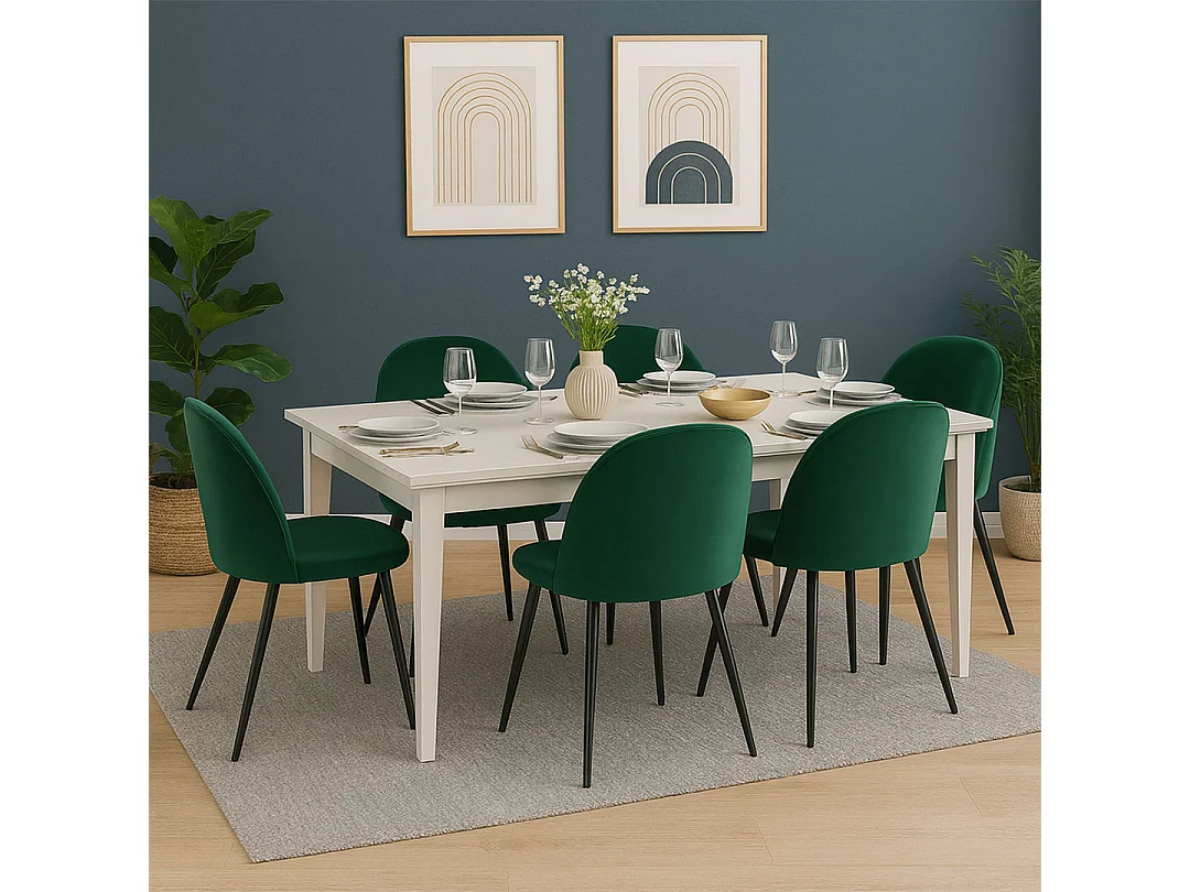 Venedig ensemble pour salle à manger table à manger blanc 95x180/276 avec 2 plateaux supplémentaires 6 chaises velours vert.
