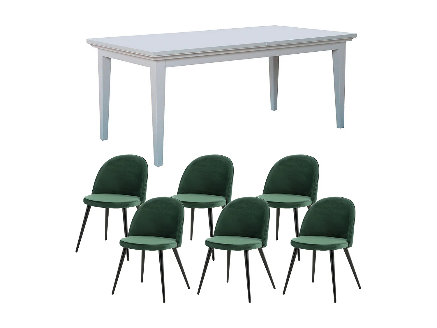 Venedig ensemble pour salle à manger table à manger blanc 95x180/276 avec 2 plateaux supplémentaires 6 chaises velours vert.