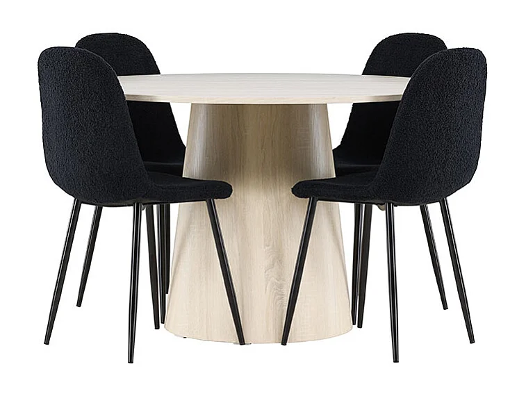 Lanzo ensemble pour salle à manger table Ø120cm et 4 chaises teddy whitewash.