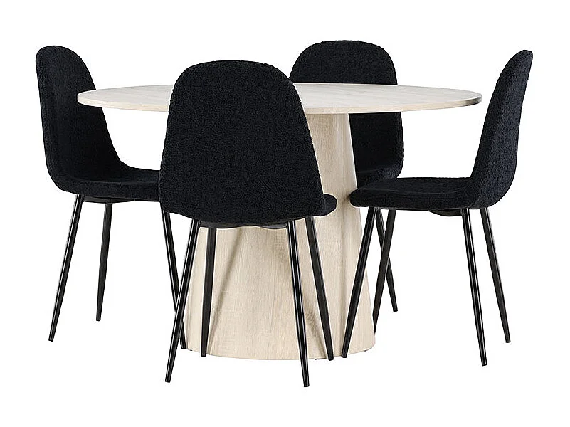 Lanzo ensemble pour salle à manger table Ø120cm et 4 chaises teddy whitewash.