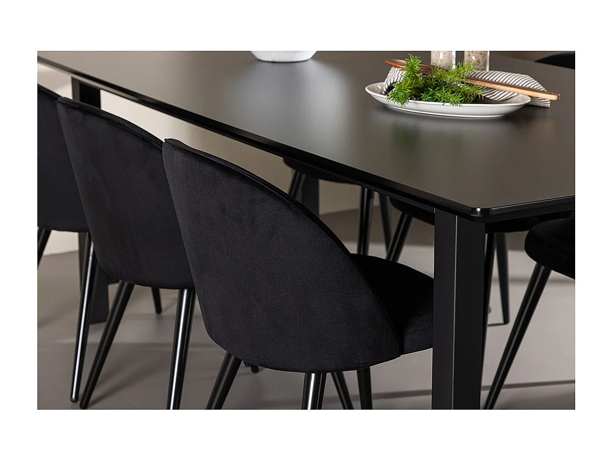 Oslo ensemble pour salle à manger table de salle à manger 100x220cm noir et 6 Skagen chaise velours noir.
