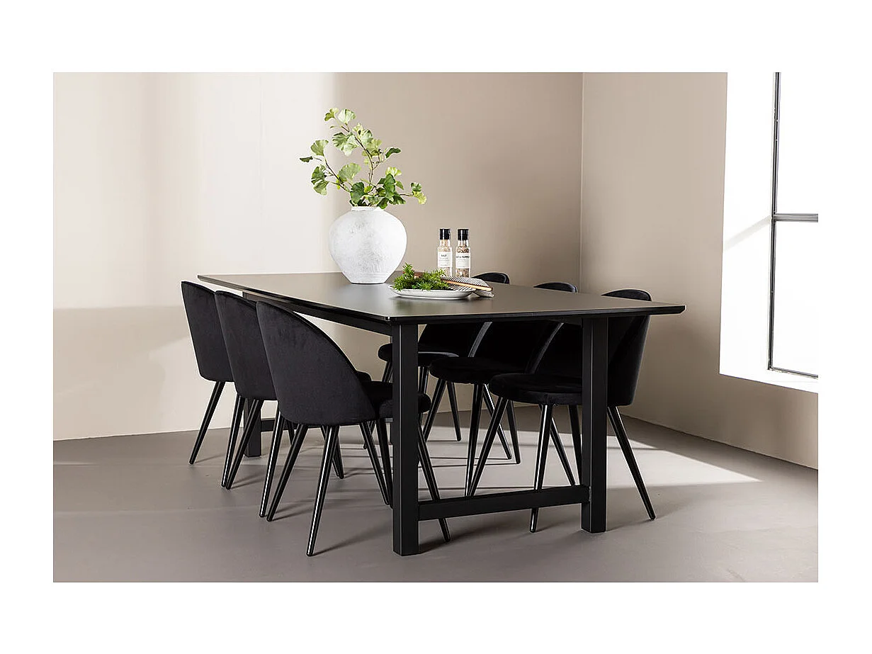 Oslo ensemble pour salle à manger table de salle à manger 100x220cm noir et 6 Skagen chaise velours noir.