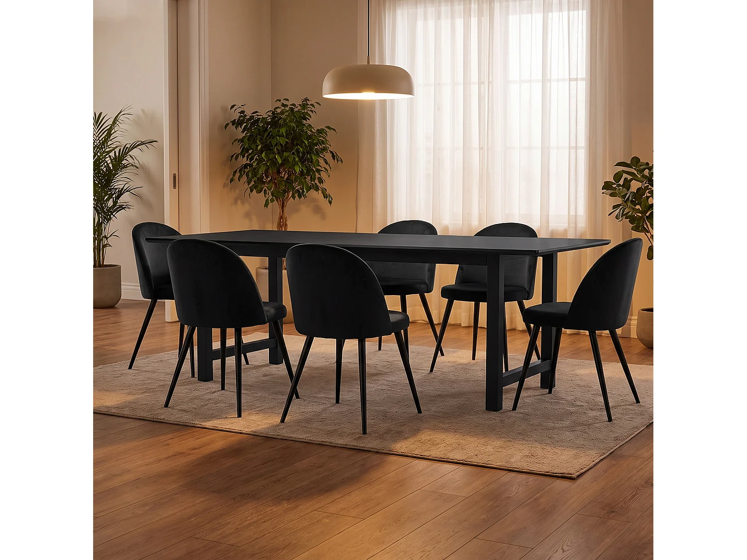 Oslo Essgruppe Esstisch 100x220cm schwarz und 6 Skagen Stuhl velour schwarz.
