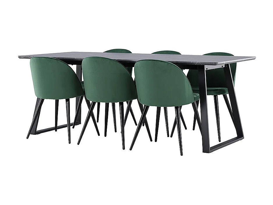Malaga ensemble pour salle à manger table de salle à manger 90x200cm gris foncé et 6 Skagen chaise velours vert.