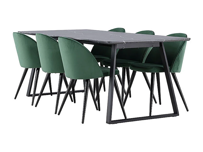 Malaga ensemble pour salle à manger table de salle à manger 90x200cm gris foncé et 6 Skagen chaise velours vert.