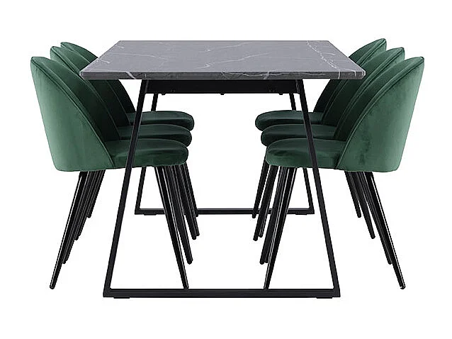Malaga ensemble pour salle à manger table de salle à manger 90x200cm gris foncé et 6 Skagen chaise velours vert.