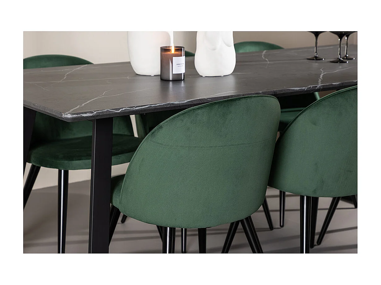 Malaga ensemble pour salle à manger table de salle à manger 90x200cm gris foncé et 6 Skagen chaise velours vert.