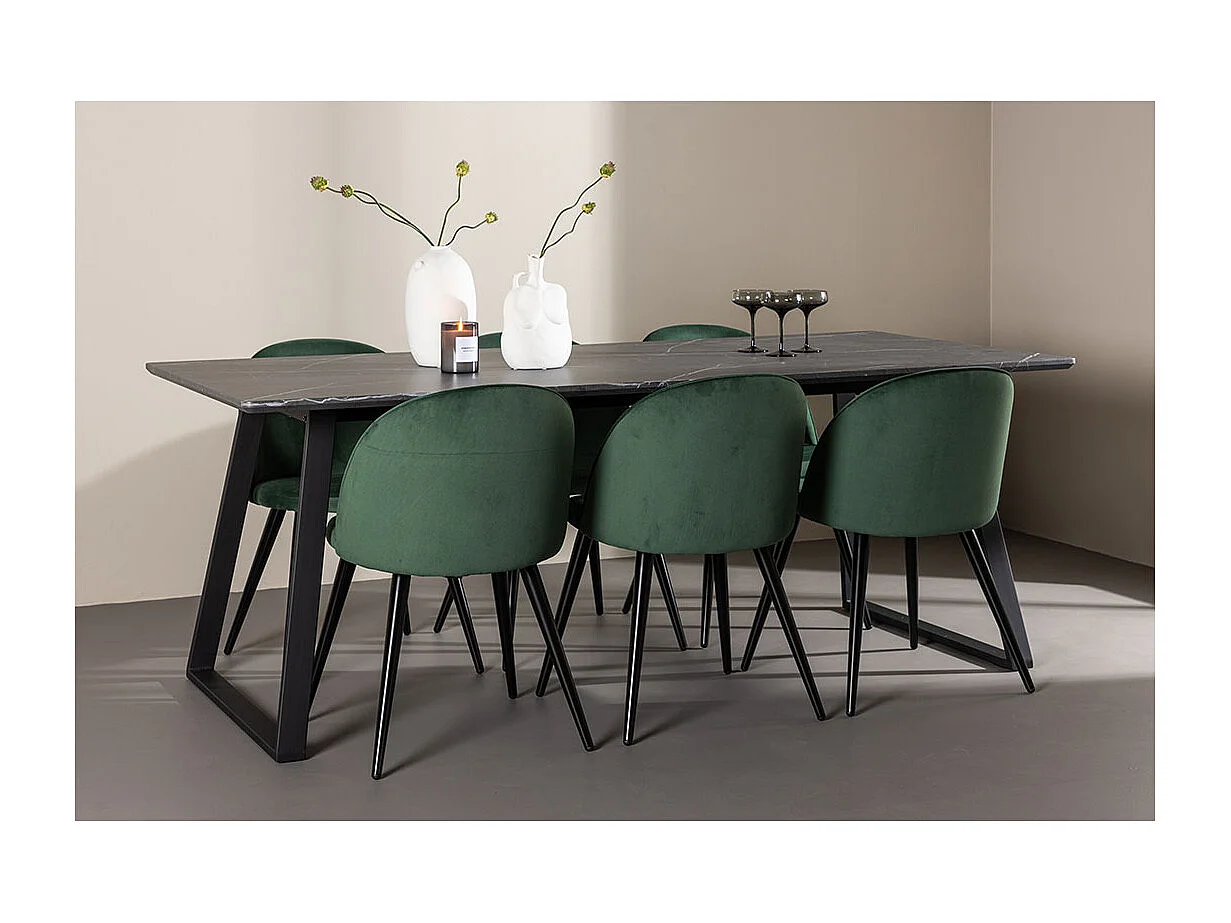Malaga ensemble pour salle à manger table de salle à manger 90x200cm gris foncé et 6 Skagen chaise velours vert.