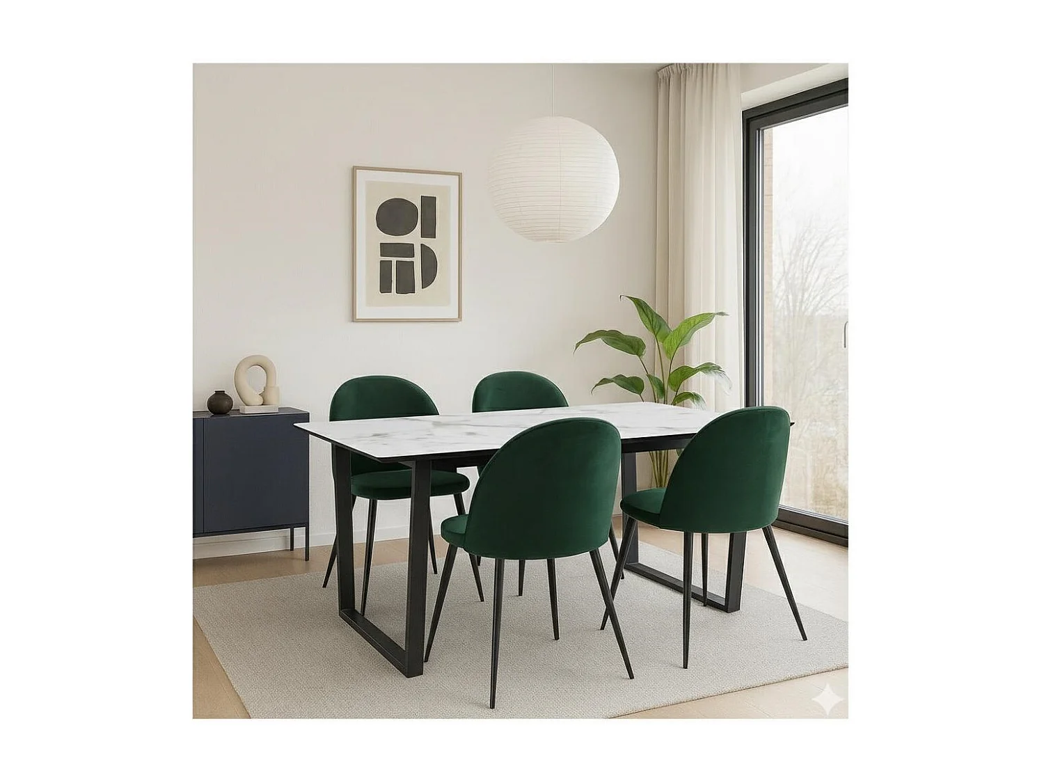 Tilst ensemble pour salle à manger table à manger impression marbre blanc 90x160 4 chaises velours vert.