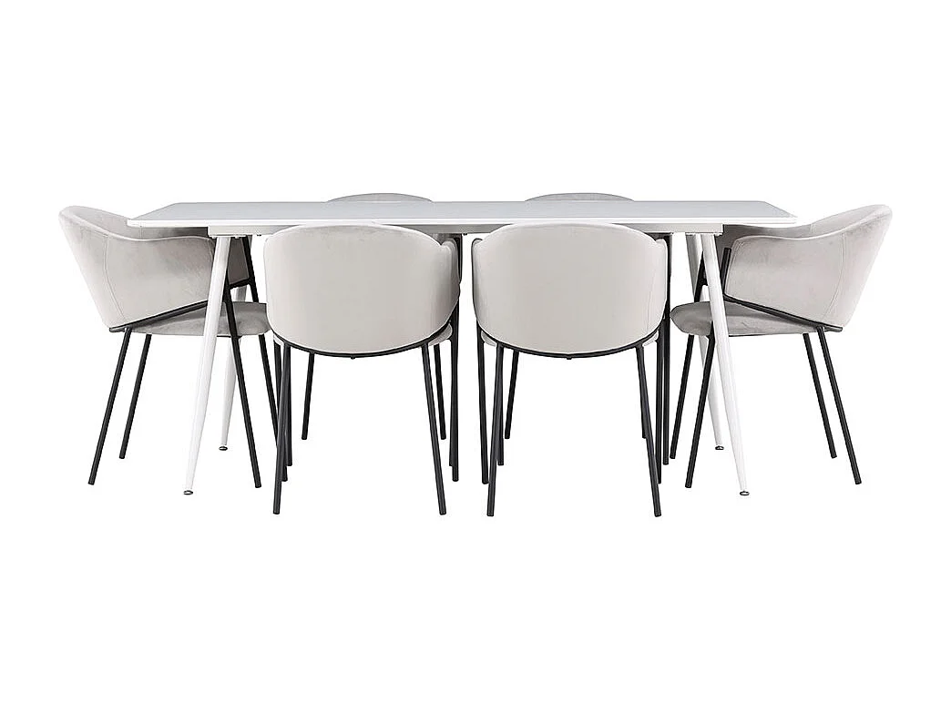 Silar ensemble pour salle à manger table 90x180cm et 6 chaises velours avec accoudoirs blanc.
