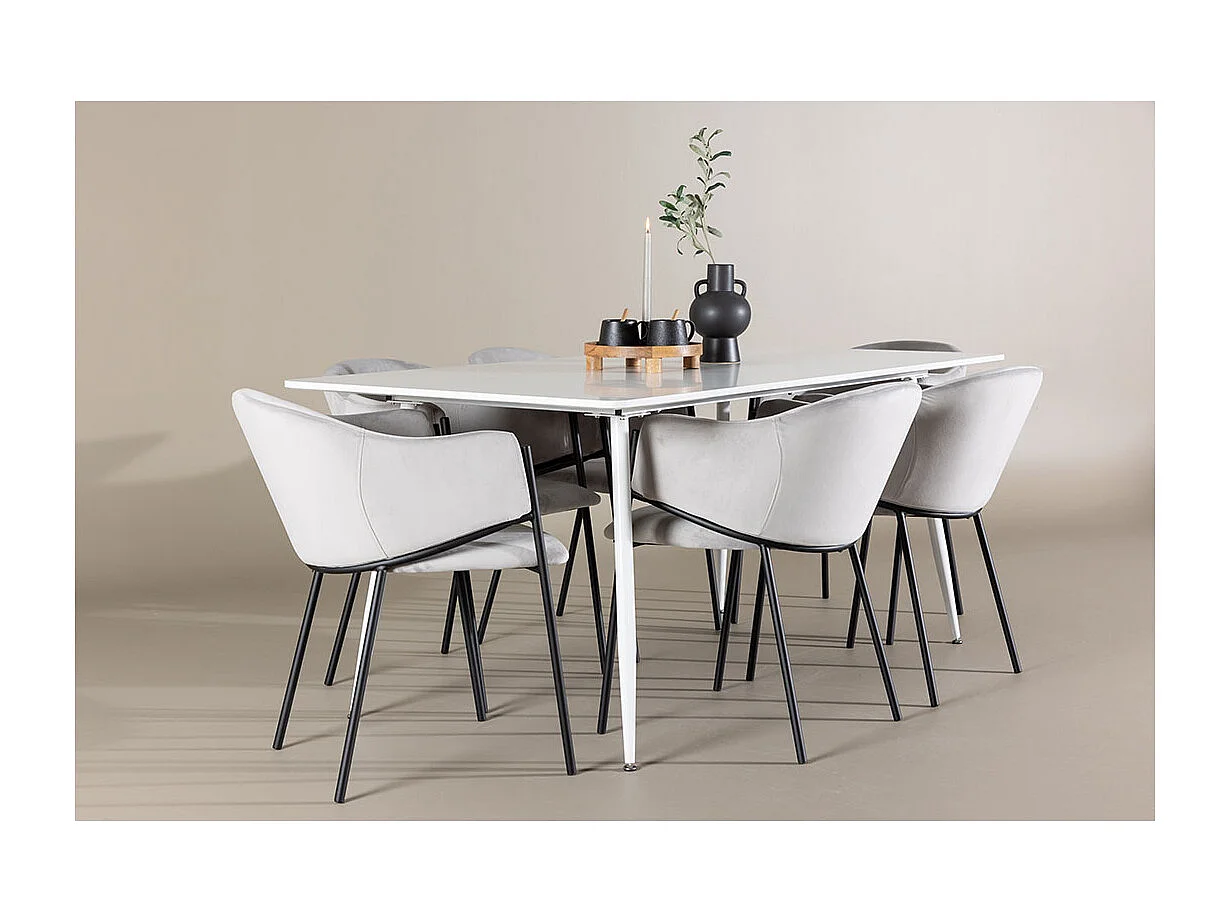 Silar ensemble pour salle à manger table 90x180cm et 6 chaises velours avec accoudoirs blanc.