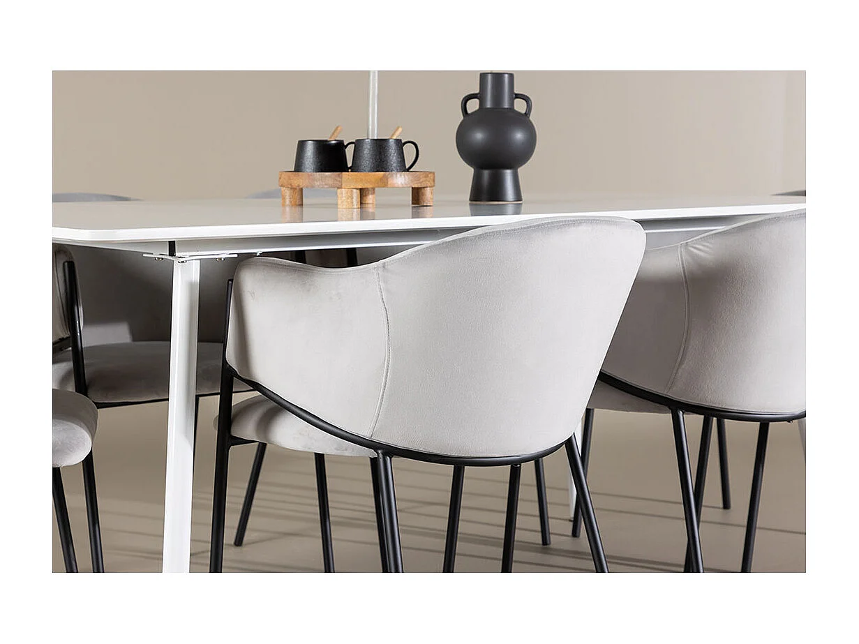 Silar ensemble pour salle à manger table 90x180cm et 6 chaises velours avec accoudoirs blanc.