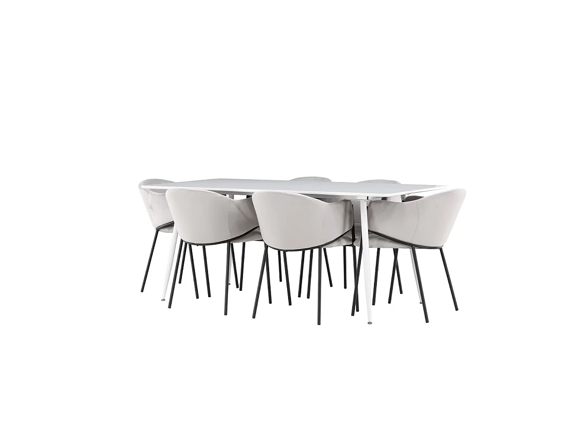 Ensemble Table à Manger & 6 Chaises "Evelina & Silar" 180cm Blanc & Gris