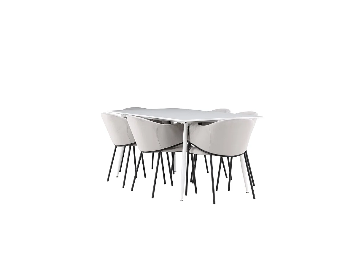 Ensemble Table à Manger & 6 Chaises "Evelina & Silar" 180cm Blanc & Gris